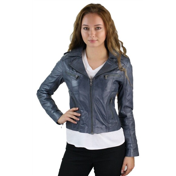Aviatrix Women 100%  Leather Jacket Biker Rock Fitted silver gunmetal zipper M - Picture 2 of 11